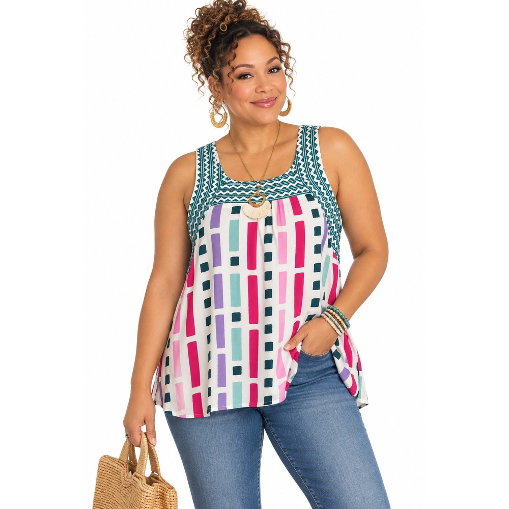 Savanna Jane L Multicolor Geometric Embroidered Sleeveless Tank Top